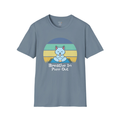 Meditating cat beneath retro sunset design with "Breathe In Purr Out" text — The Vault collection by Ramro Yoga Wear — Stone Blue