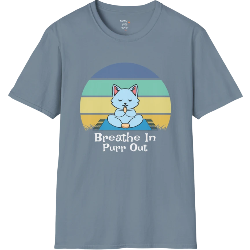 Meditating cat beneath retro sunset design with "Breathe In Purr Out" text — The Vault collection by Ramro Yoga Wear — Stone Blue