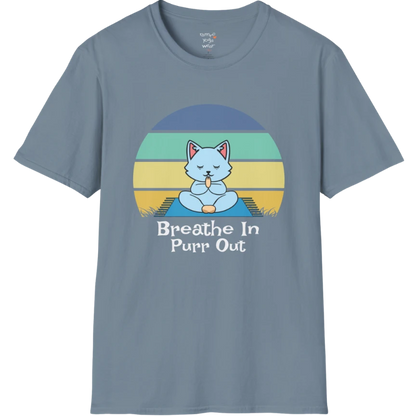 Meditating cat beneath retro sunset design with "Breathe In Purr Out" text — The Vault collection by Ramro Yoga Wear — Stone Blue
