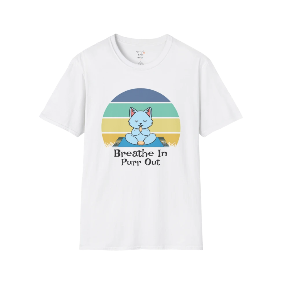 Meditating cat beneath retro sunset design with "Breathe In Purr Out" text — The Vault collection by Ramro Yoga Wear — White