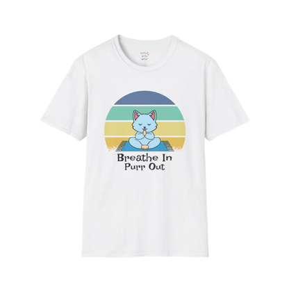 Meditating cat beneath retro sunset design with "Breathe In Purr Out" text — The Vault collection by Ramro Yoga Wear — White