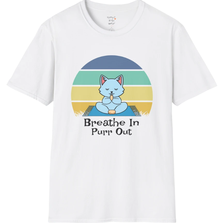 Meditating cat beneath retro sunset design with "Breathe In Purr Out" text — The Vault collection by Ramro Yoga Wear — White