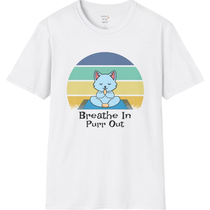 Meditating cat beneath retro sunset design with "Breathe In Purr Out" text — The Vault collection by Ramro Yoga Wear — White