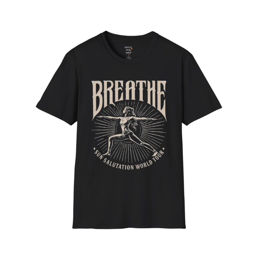 Black Breathe T-Shirt featuring vintage Sun Salutation artwork with relaxed spiritual streetwear styling.