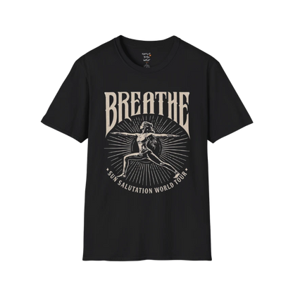Black Breathe T-Shirt featuring vintage Sun Salutation artwork with relaxed spiritual streetwear styling.