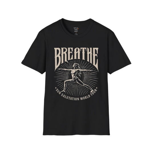 Black Breathe T-Shirt featuring vintage Sun Salutation artwork with relaxed spiritual streetwear styling.