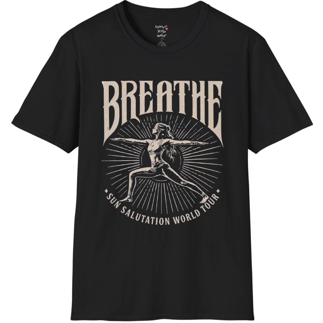 Black Breathe T-Shirt featuring vintage Sun Salutation artwork with relaxed spiritual streetwear styling.