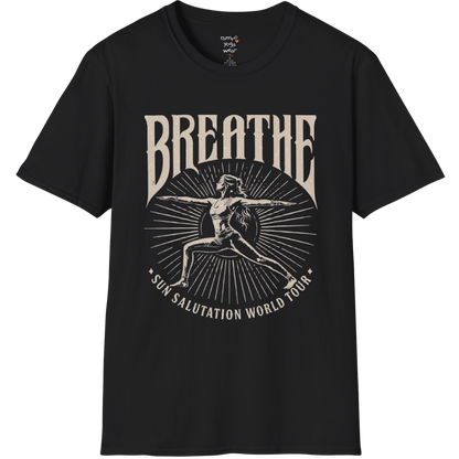 Black Breathe T-Shirt featuring vintage Sun Salutation artwork with relaxed spiritual streetwear styling.