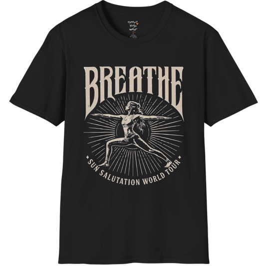 Black Breathe T-Shirt featuring vintage Sun Salutation artwork with relaxed spiritual streetwear styling.