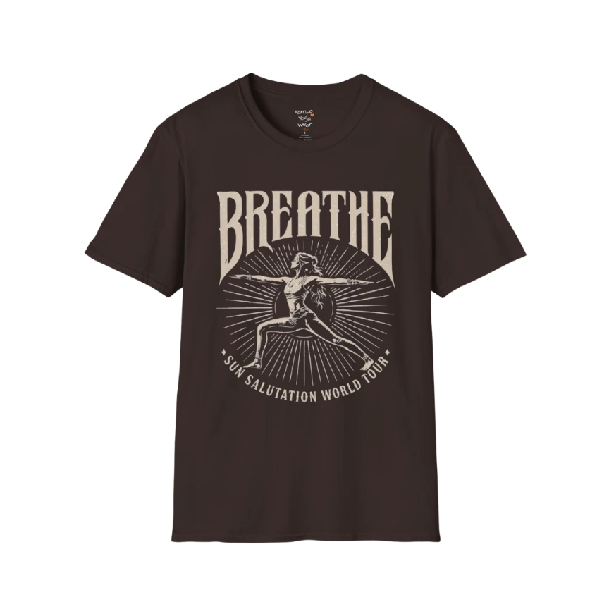 Dark chocolate Breathe T-Shirt with retro yoga-inspired artwork and grounded mindful energy.