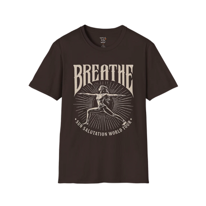 Dark chocolate Breathe T-Shirt with retro yoga-inspired artwork and grounded mindful energy.