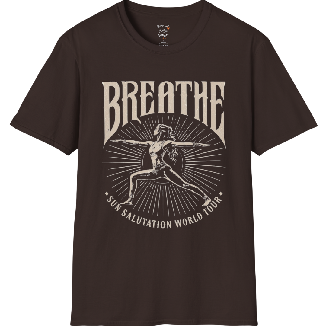 Dark chocolate Breathe T-Shirt with retro yoga-inspired artwork and grounded mindful energy.