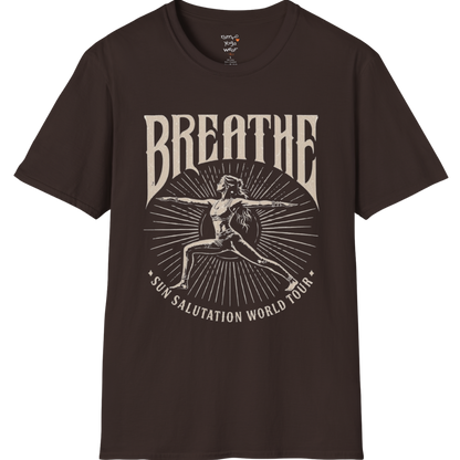 Dark chocolate Breathe T-Shirt with retro yoga-inspired artwork and grounded mindful energy.