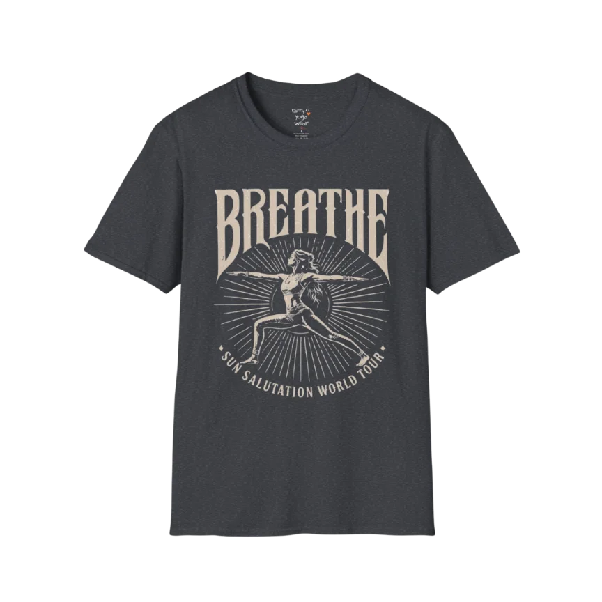 Dark heather grey Breathe T-Shirt featuring vintage-inspired Sun Salutation graphics and calm coastal style.