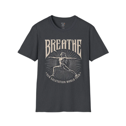 Dark heather grey Breathe T-Shirt featuring vintage-inspired Sun Salutation graphics and calm coastal style.