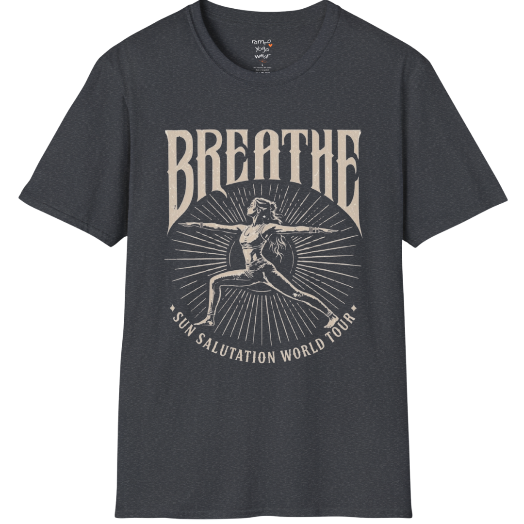 Dark heather grey Breathe T-Shirt featuring vintage-inspired Sun Salutation graphics and calm coastal style.