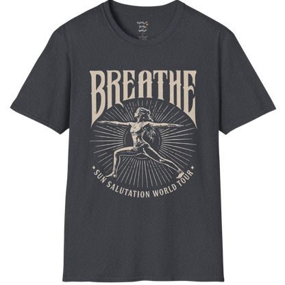 Dark heather grey Breathe T-Shirt featuring vintage-inspired Sun Salutation graphics and calm coastal style.