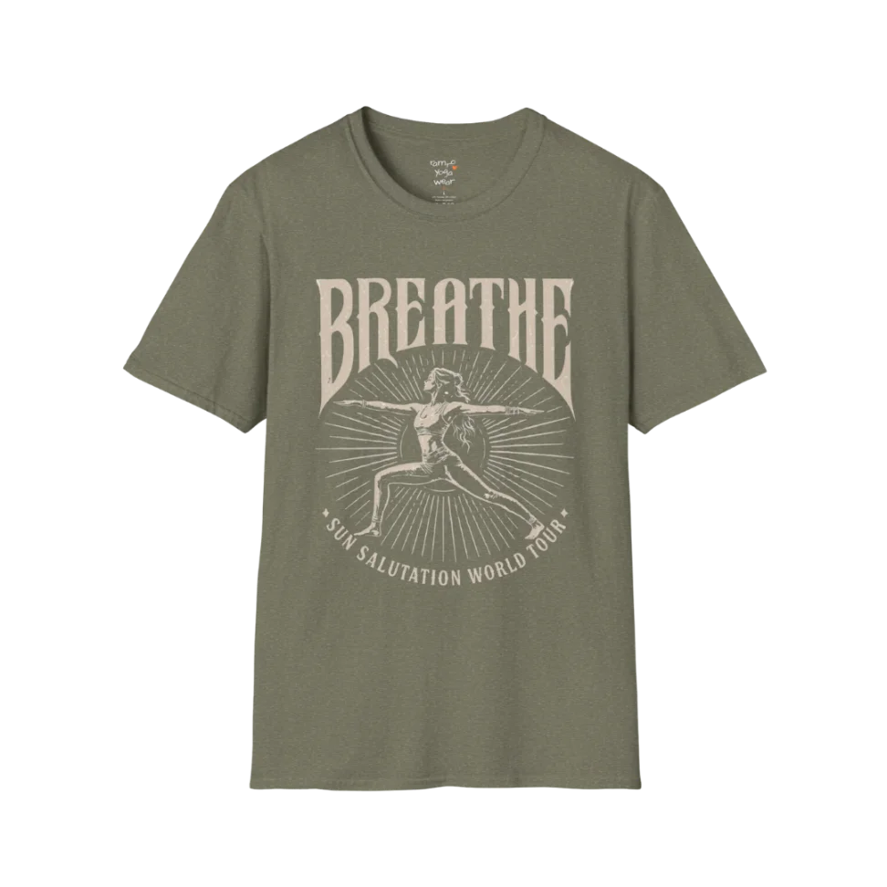 Heather military green Breathe T-Shirt with faded spiritual artwork and relaxed everyday yoga wear aesthetic.