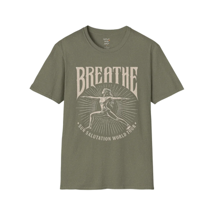 Heather military green Breathe T-Shirt with faded spiritual artwork and relaxed everyday yoga wear aesthetic.