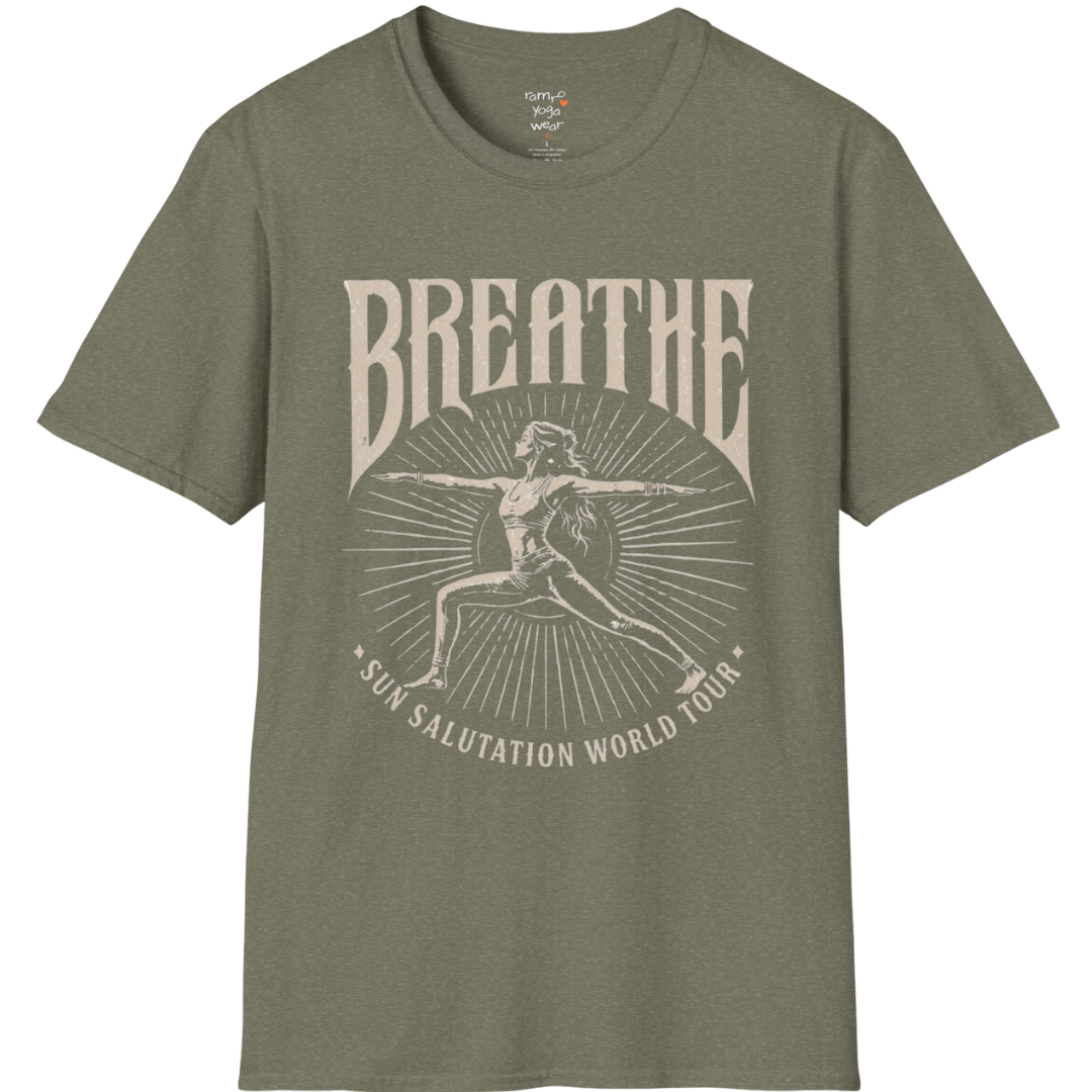 Heather military green Breathe T-Shirt with faded spiritual artwork and relaxed everyday yoga wear aesthetic.