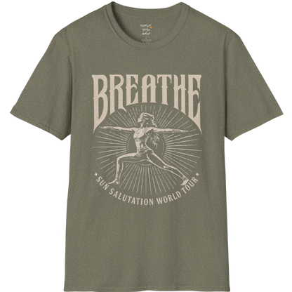 Heather military green Breathe T-Shirt with faded spiritual artwork and relaxed everyday yoga wear aesthetic.