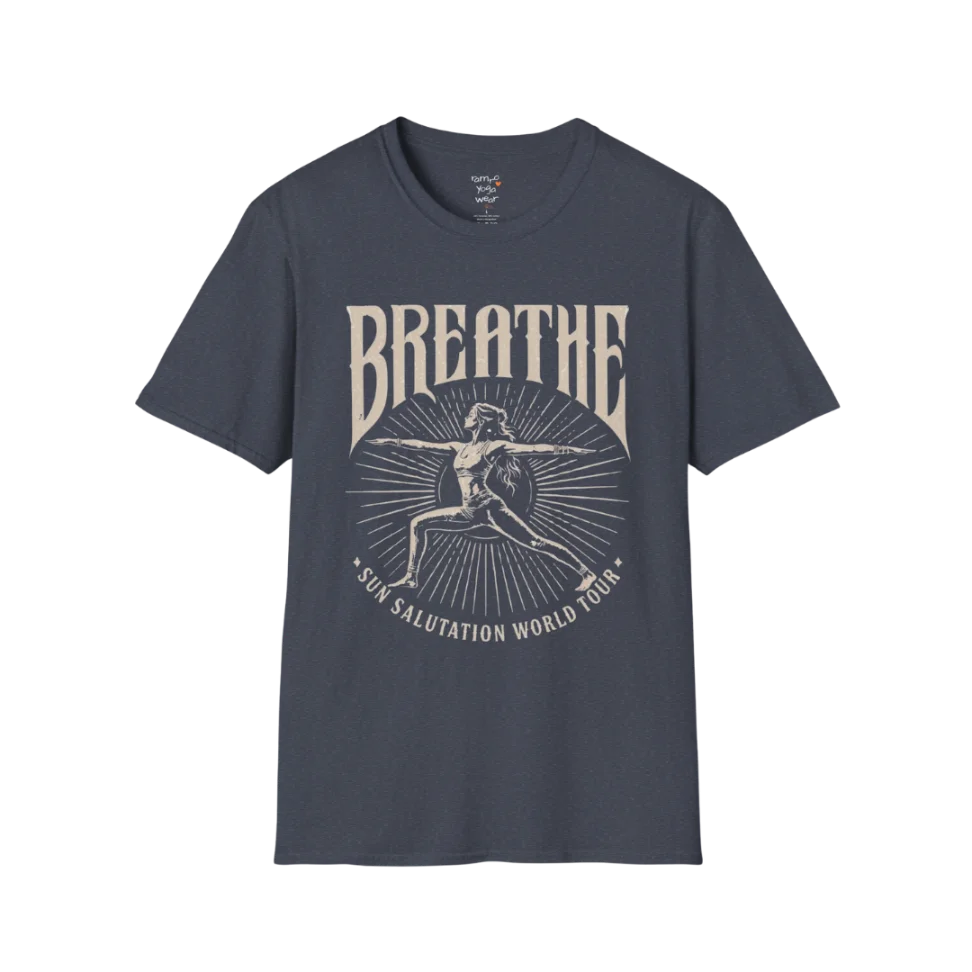 Heather navy Breathe T-Shirt featuring retro yoga graphics with soft mindful lifestyle energy.