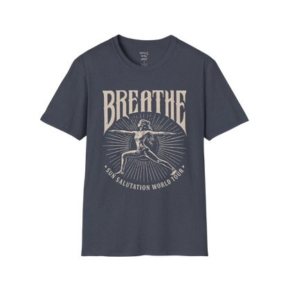 Heather navy Breathe T-Shirt featuring retro yoga graphics with soft mindful lifestyle energy.
