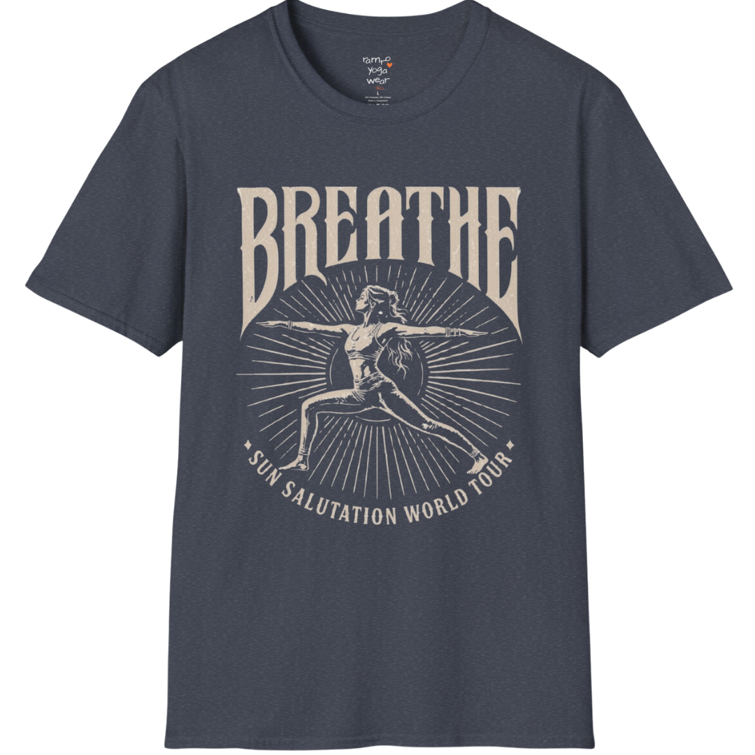 Heather navy Breathe T-Shirt featuring retro yoga graphics with soft mindful lifestyle energy.