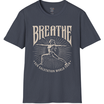 Heather navy Breathe T-Shirt featuring retro yoga graphics with soft mindful lifestyle energy.