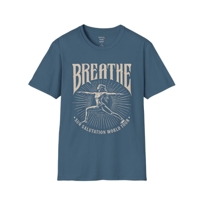 Indigo blue Breathe T-Shirt featuring relaxed coastal-inspired yoga artwork with vintage spiritual vibes.