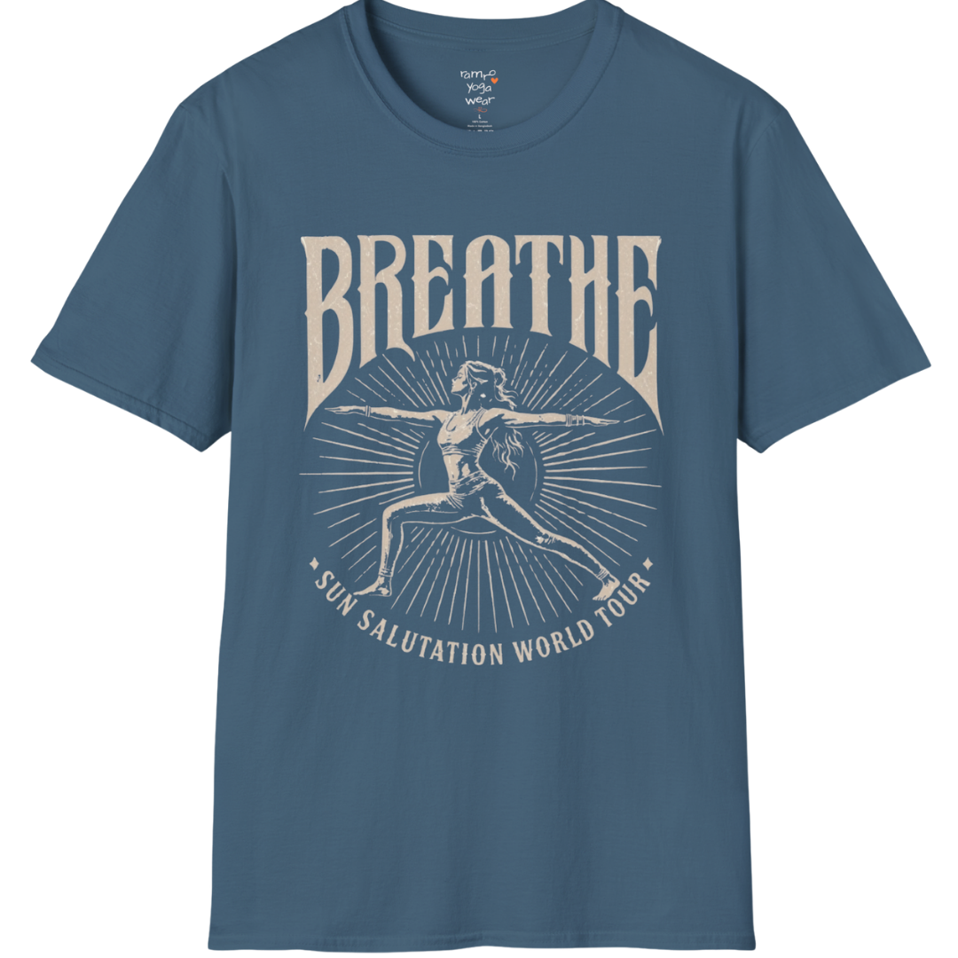 Indigo blue Breathe T-Shirt featuring relaxed coastal-inspired yoga artwork with vintage spiritual vibes.