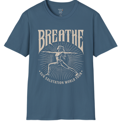 Indigo blue Breathe T-Shirt featuring relaxed coastal-inspired yoga artwork with vintage spiritual vibes.