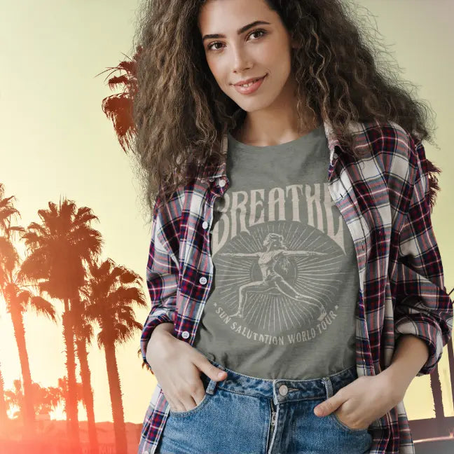Ramro Yoga Wear Breathe tee in Heather Military Green — vintage warrior breathe design, street palm trees sunset lifestyle shot