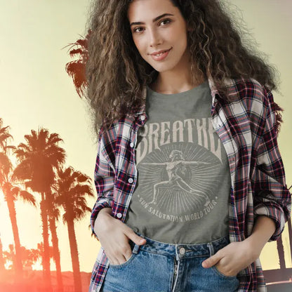 Ramro Yoga Wear Breathe tee in Heather Military Green — vintage warrior breathe design, street palm trees sunset lifestyle shot