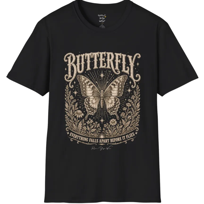 A short sleeved tee with an illustration of a Butterfly, T-Shirt flat lay in Black  — vintage engraved butterfly graphic tee, Ramro Yoga Wear