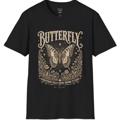 A short sleeved tee with an illustration of a Butterfly, T-Shirt flat lay in Black  — vintage engraved butterfly graphic tee, Ramro Yoga Wear