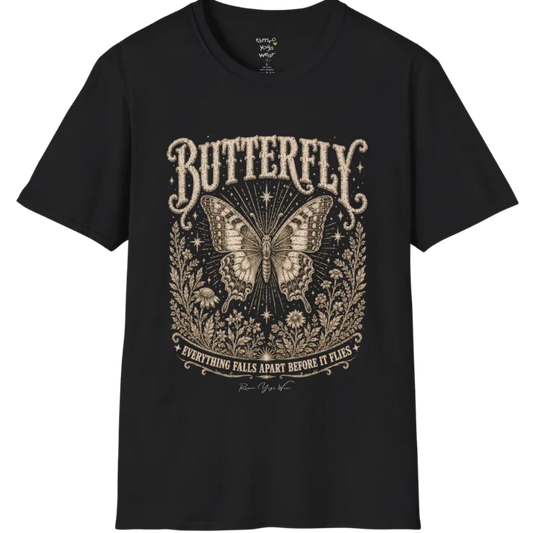 A short sleeved tee with an illustration of a Butterfly, T-Shirt flat lay in Black  — vintage engraved butterfly graphic tee, Ramro Yoga Wear