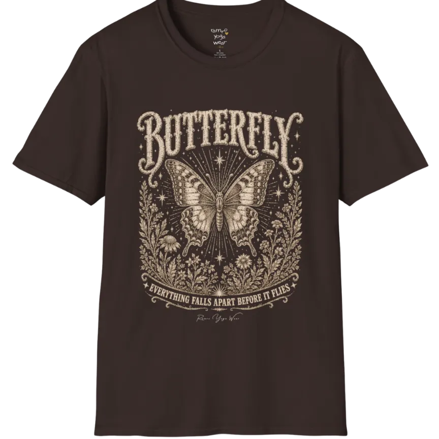 A short sleeved Butterfly T-Shirt flat lay in Dark Chocolate  — vintage engraved butterfly graphic tee, Ramro Yoga Wear
