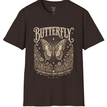 A short sleeved Butterfly T-Shirt flat lay in Dark Chocolate  — vintage engraved butterfly graphic tee, Ramro Yoga Wear