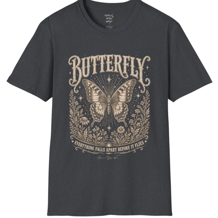 A short sleeved Butterfly T-Shirt flat lay in Dark Heather Grey — vintage engraved butterfly graphic tee, Ramro Yoga Wear