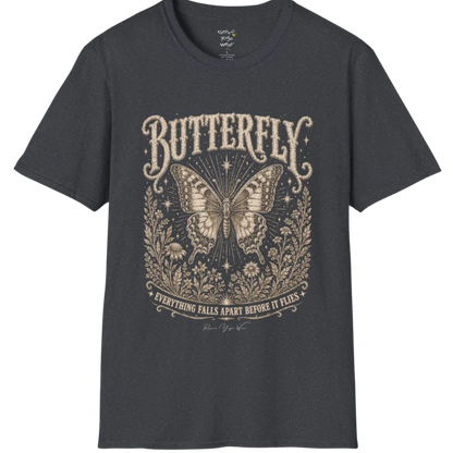 A short sleeved Butterfly T-Shirt flat lay in Dark Heather Grey — vintage engraved butterfly graphic tee, Ramro Yoga Wear