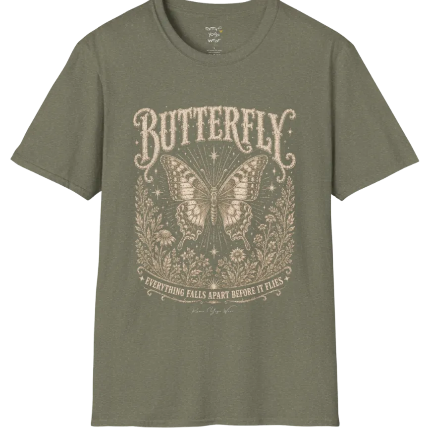 A short sleeved Butterfly T-Shirt flat lay in Heather Military Green — vintage engraved butterfly graphic tee, Ramro Yoga Wear 