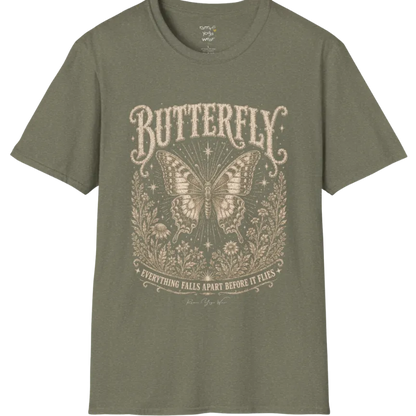 A short sleeved Butterfly T-Shirt flat lay in Heather Military Green — vintage engraved butterfly graphic tee, Ramro Yoga Wear 
