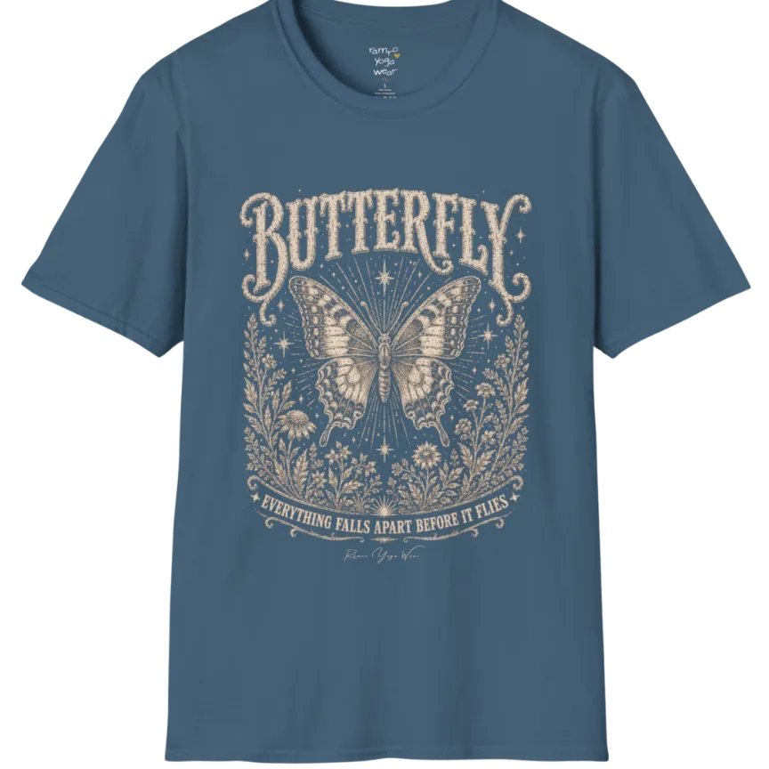 A short sleeved Butterfly T-Shirt flat lay in Indigo Blue — vintage engraved butterfly graphic tee, Ramro Yoga Wear
