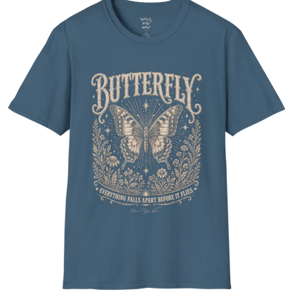 A short sleeved Butterfly T-Shirt flat lay in Indigo Blue — vintage engraved butterfly graphic tee, Ramro Yoga Wear