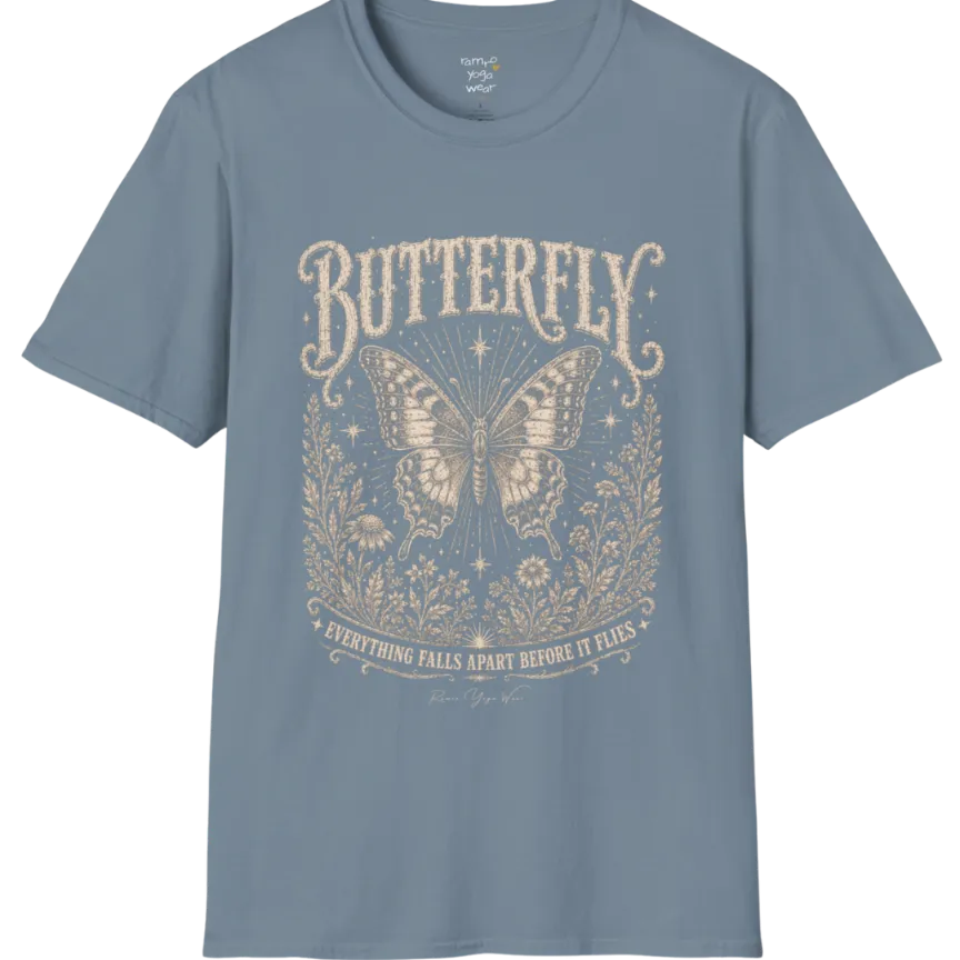 A short sleeved Butterfly T-Shirt flat lay in Stone Blue — vintage engraved butterfly graphic tee, Ramro Yoga Wear