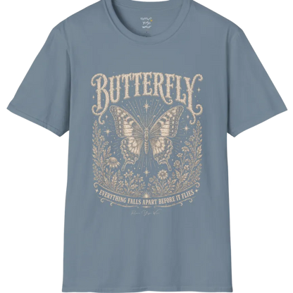 A short sleeved Butterfly T-Shirt flat lay in Stone Blue — vintage engraved butterfly graphic tee, Ramro Yoga Wear