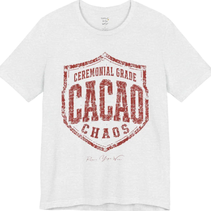 Bold shield badge reading "Ceremonial Grade Cacao Chaos" — Funny Yoga Shirts collection by Ramro Yoga Wear in Ash