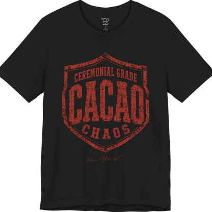 Bold shield badge reading "Ceremonial Grade Cacao Chaos" — Funny Yoga Shirts collection by Ramro Yoga Wear in Black