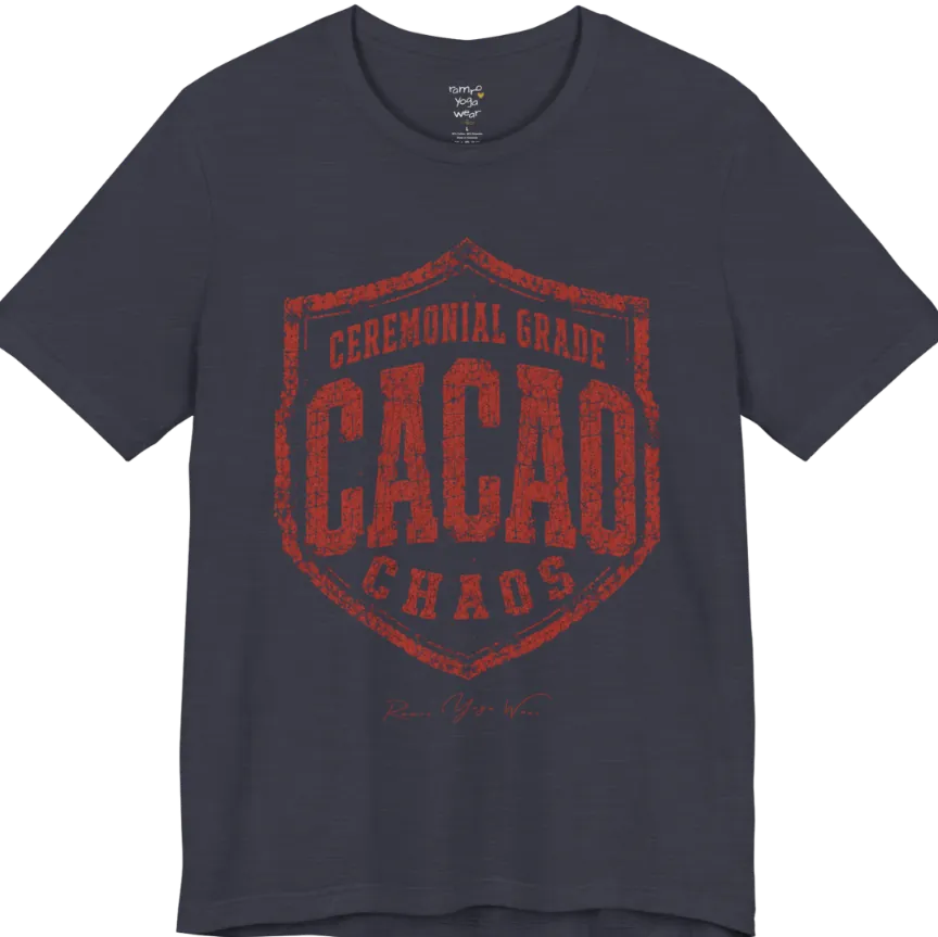 Bold shield badge reading "Ceremonial Grade Cacao Chaos" — Funny Yoga Shirts collection by Ramro Yoga Wear in Heather Midnight Navy